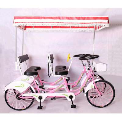 Park use 4 person 4 wheels Quad Surrey Bike for tourist, tandem bike with soft leather saddle and sun shade canopy